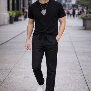 Light Summer Joggers for Men - Slim Fit - Pockets - Elastic & Draw Cord - Black